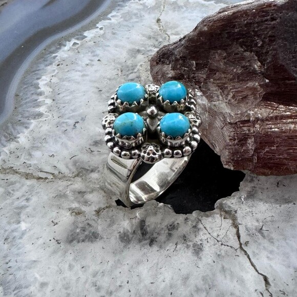 Sterling Silver Southwestern Style 4 Composite Turquoise Adjustable Ring - Picture 3 of 10